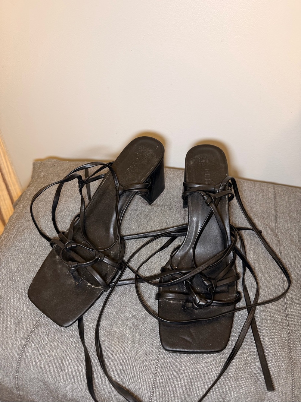 Primark Black Lace-Up Square Toe Block Heel Sandals